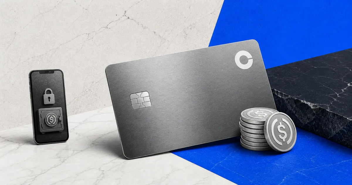 Greyscale Coinbase-style metal credit card, locked USDC wallet and USDC coin stack on Coinbase blue and slate editorial panels representing stablecoin collateral for the Coinbase One Card.