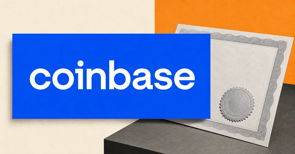 Official white Coinbase wordmark on a large blue plaque beside an unbranded greyscale private-credit fund certificate on orange and off-white editorial panels.