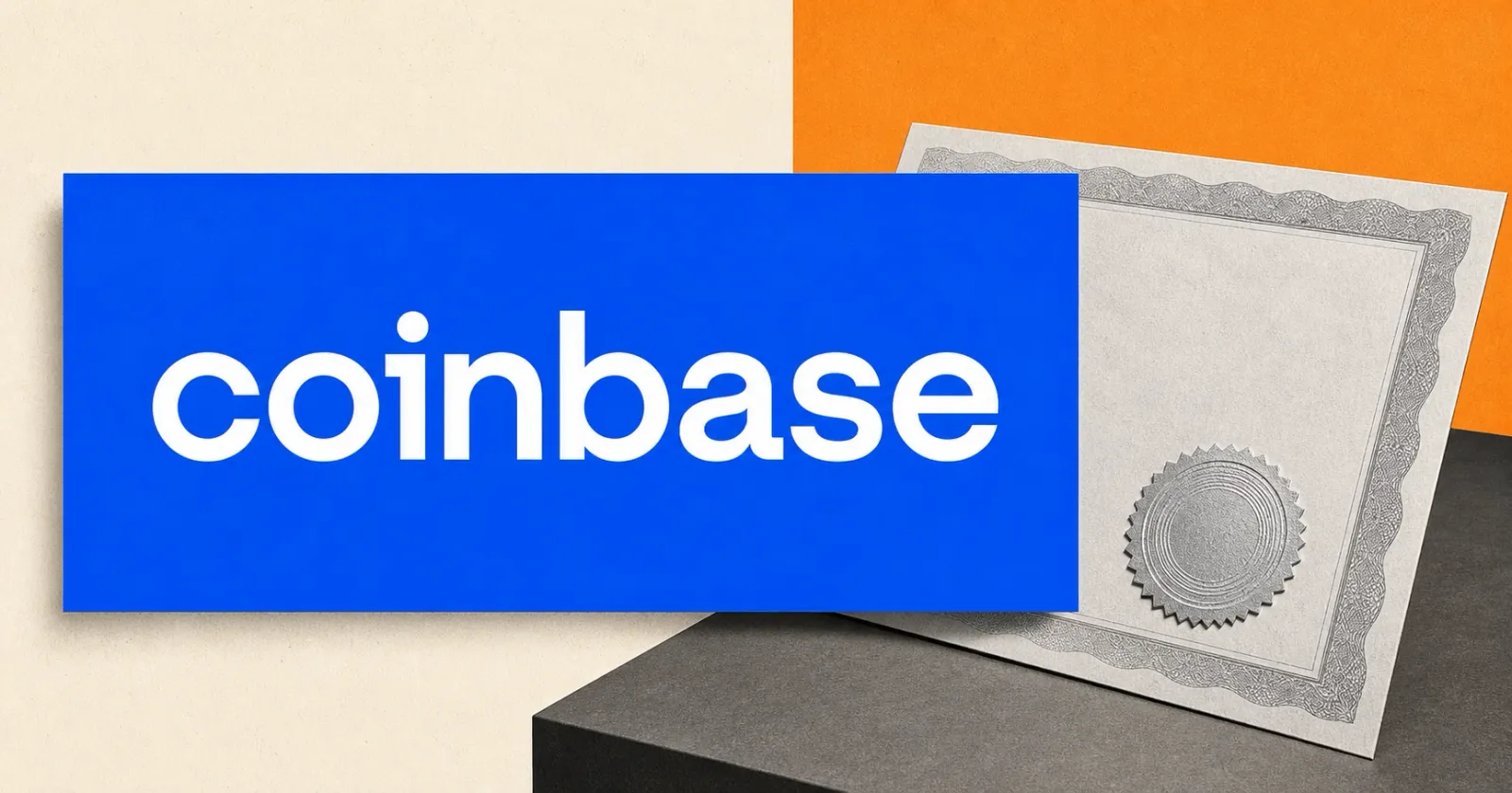 Official white Coinbase wordmark on a large blue plaque beside an unbranded greyscale private-credit fund certificate on orange and off-white editorial panels.