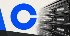 Official Coinbase blue C logo beside a greyscale exchange matching-engine server rack on off-white and charcoal editorial panels.