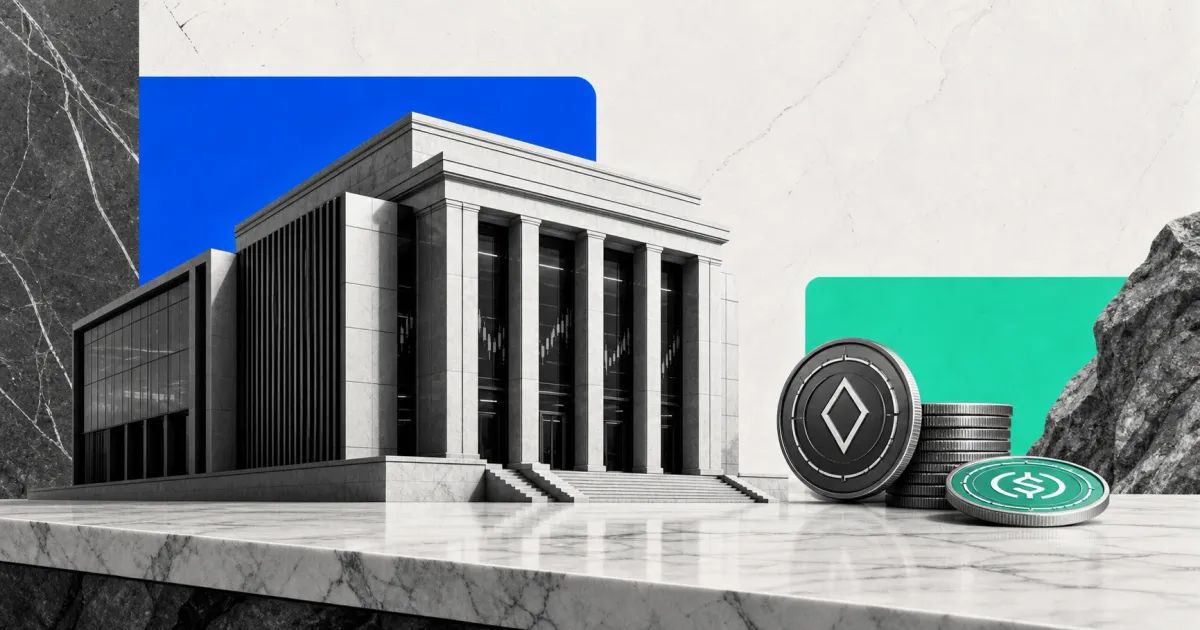 Greyscale institutional crypto exchange building and synthetic dollar token stack on blue and aqua editorial panels representing Coinbase backing Ethena.