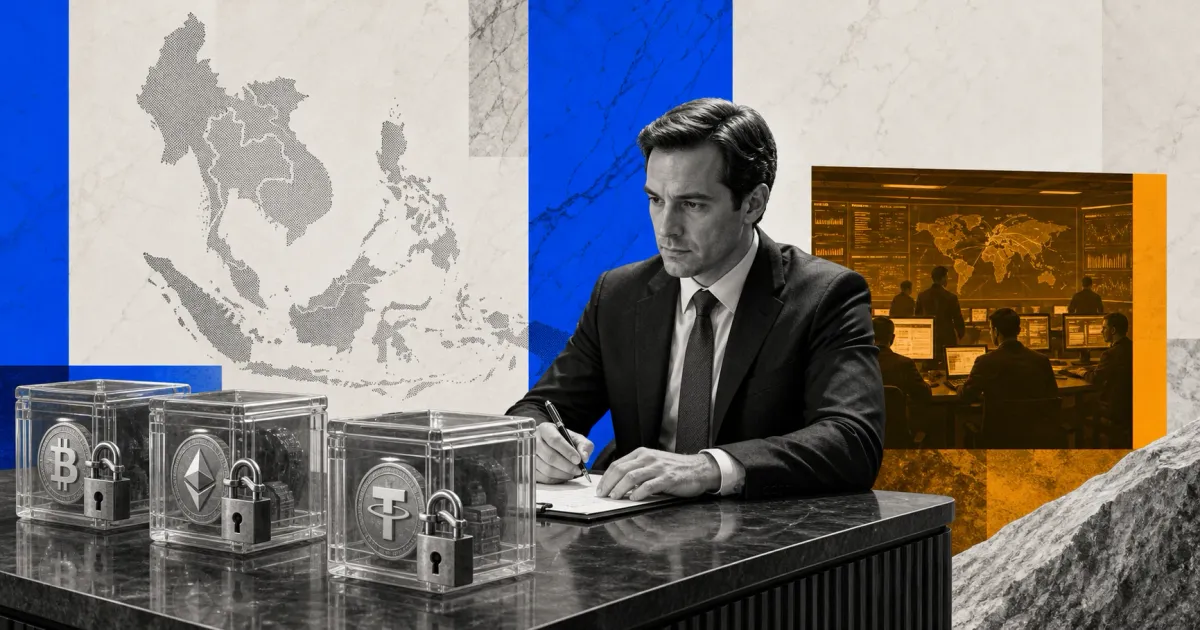 Grayscale crypto compliance desk with sealed digital asset vaults and a Southeast Asia map backdrop on blue and amber editorial panels