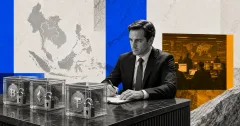 Grayscale crypto compliance desk with sealed digital asset vaults and a Southeast Asia map backdrop on blue and amber editorial panels