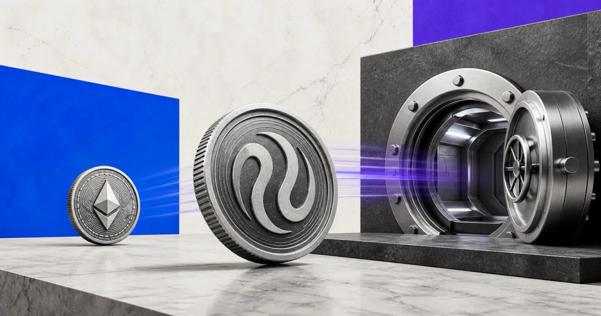 Greyscale Injective and Ethereum coins beside an open exchange vault on cobalt blue, violet and off-white editorial panels.