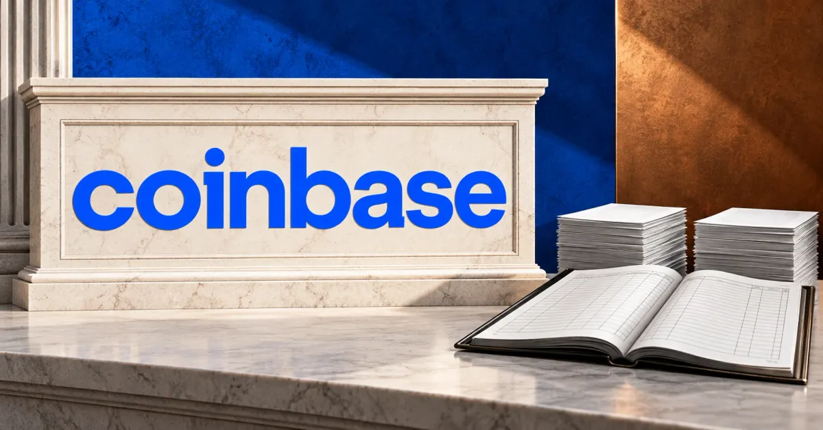 Large official blue Coinbase wordmark on a frontal ivory stone sign beside an unbranded greyscale reconciliation ledger and separated paper stacks, against cobalt, copper and off-white panels.