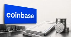 Official Coinbase wordmark on a blue plaque beside a greyscale regulated clearing ledger and unbranded dollar-collateral tokens.