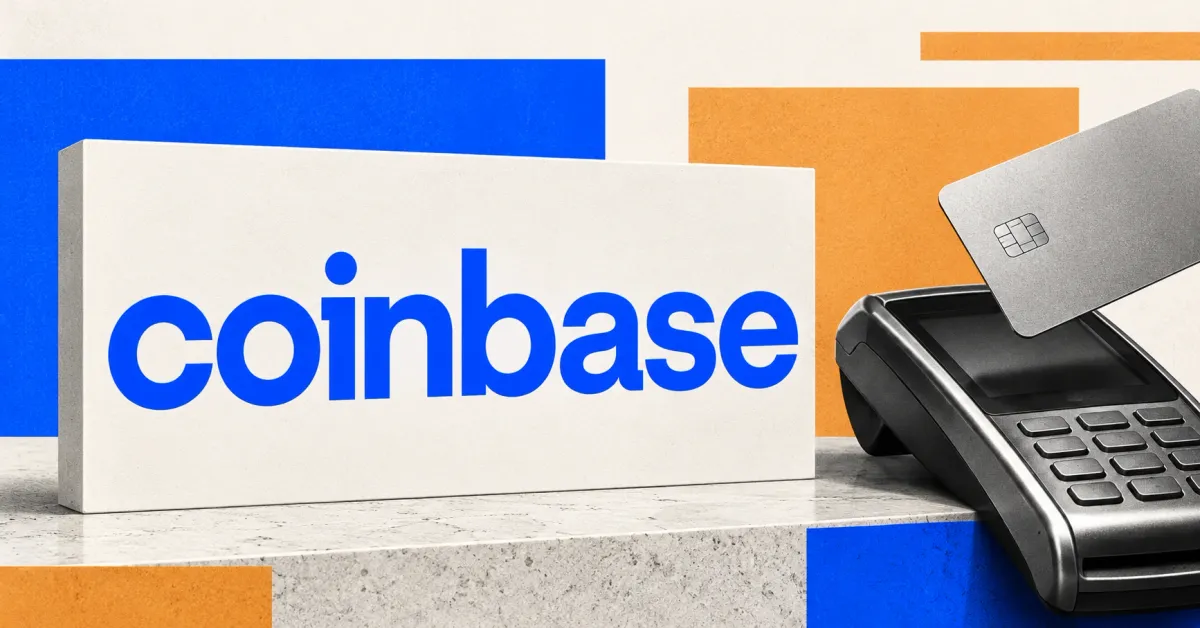 Large official blue Coinbase wordmark on an ivory sign beside a smaller unbranded greyscale payment terminal and blank metallic chip card, against off-white, cobalt and orange editorial panels.