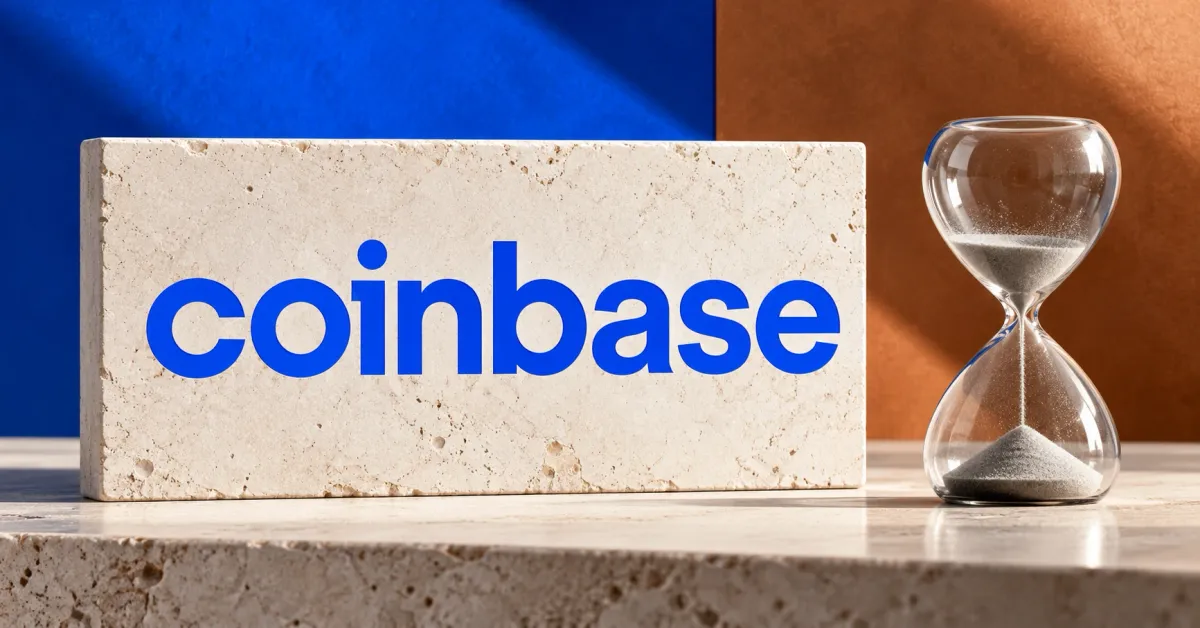 Large official blue Coinbase wordmark on an ivory stone sign beside an unbranded glass hourglass with grey sand, against cobalt and copper panels.