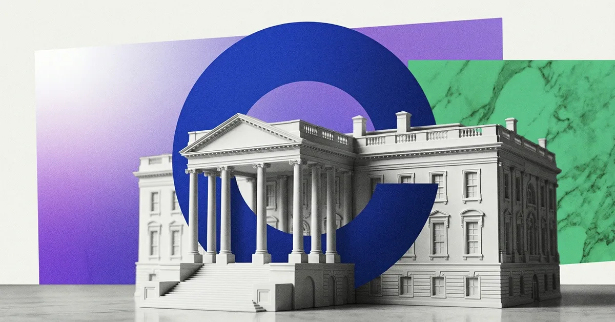 White House building with Coinbase logo, representing U.S. government stance on crypto regulation and Coinbase’s role in digital asset policy discussions.