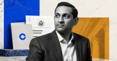 Greyscale editorial portrait of Paul Grewal beside a Coinbase folder and SEC filing document on blue, amber and off-white news panels.
