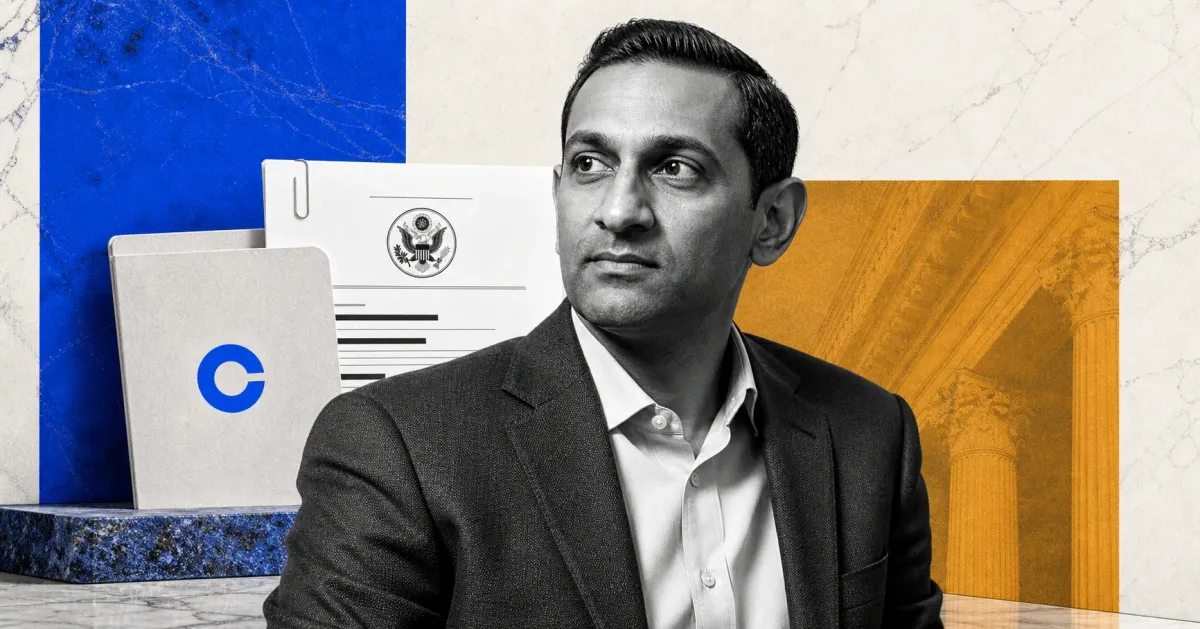 Greyscale editorial portrait of Paul Grewal beside a Coinbase folder and SEC filing document on blue, amber and off-white news panels.