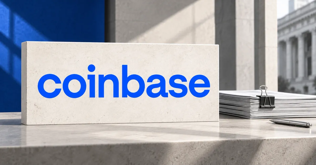 One large official blue lowercase coinbase wordmark on an off-white stone sign beside unbranded greyscale contract papers with a binder clip and pen, against blue and grey architectural panels.