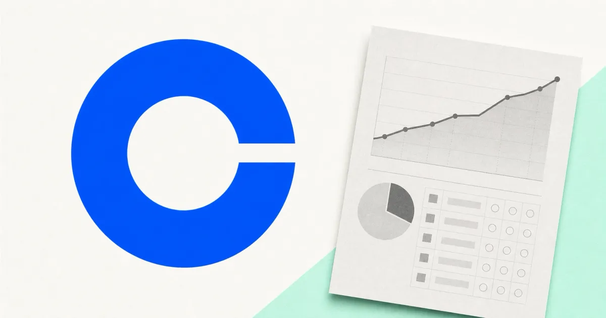Large official blue Coinbase C logo beside a greyscale quarterly-results document with an upward market-share chart and abstract contract grid on an off-white editorial background.
