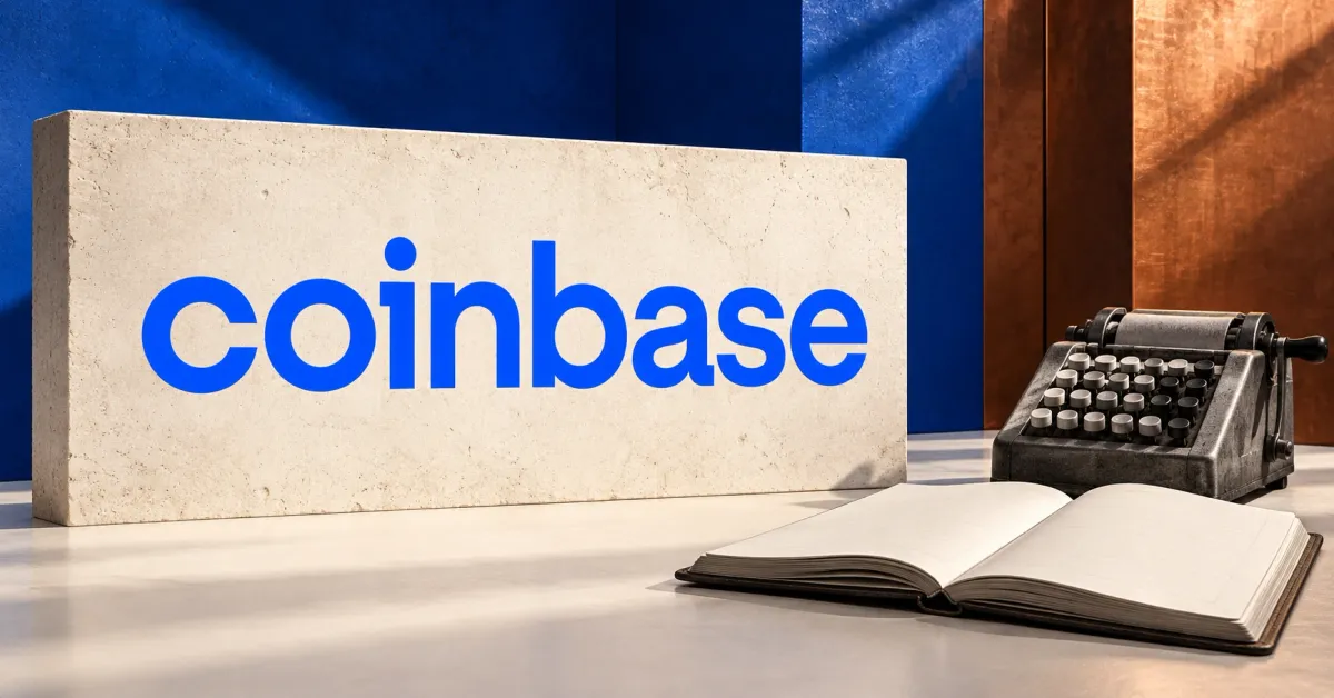 Large official blue Coinbase wordmark on an ivory stone sign beside an unbranded greyscale mechanical calculator and open blank ledger, against cobalt and copper panels.