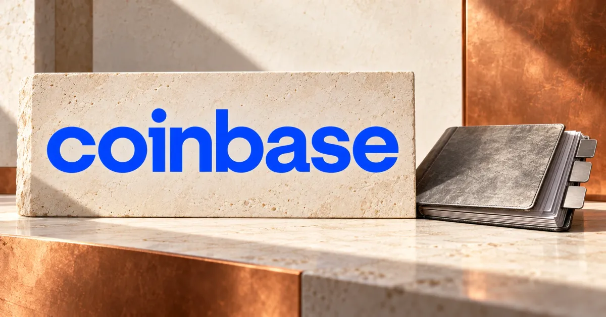 Large official blue Coinbase wordmark on an ivory limestone sign beside an unbranded greyscale settlement ledger with three metal tabs, against copper architectural panels.