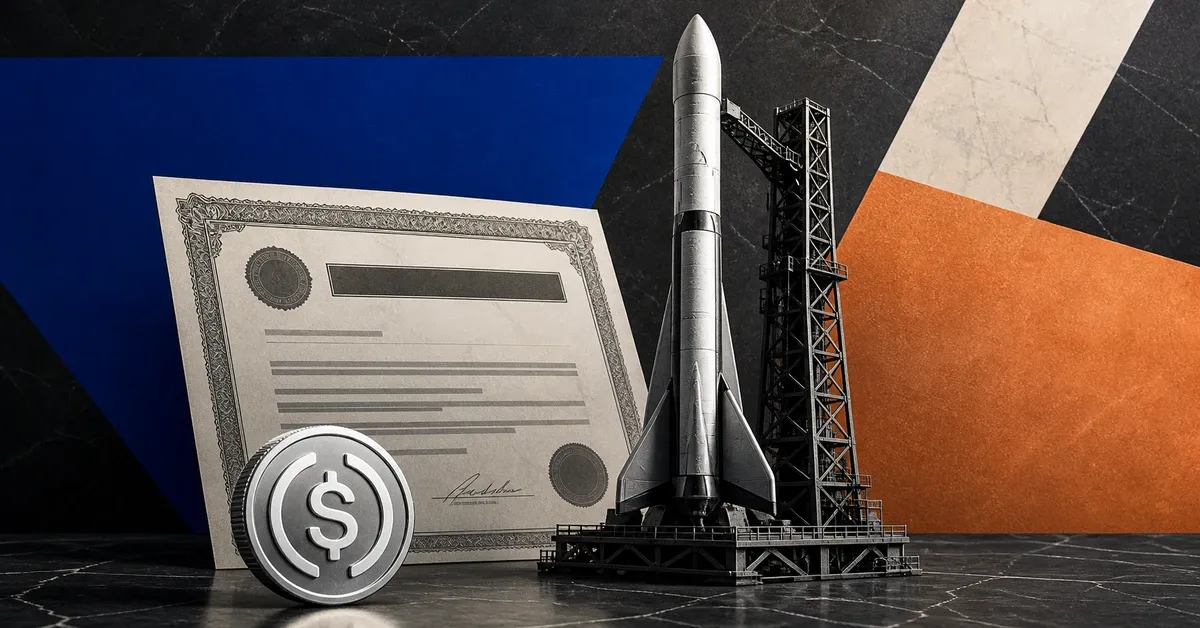 Greyscale rocket, private-market derivatives certificate and stablecoin on blue, copper and black editorial panels representing Coinbase SpaceX pre-IPO perpetual futures