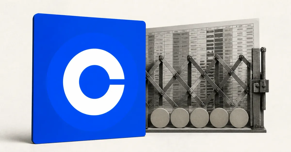 Large official Coinbase white C logo on a cobalt-blue plaque beside a greyscale unbranded exchange order board and a closing metal trading gate over five blank asset markers.