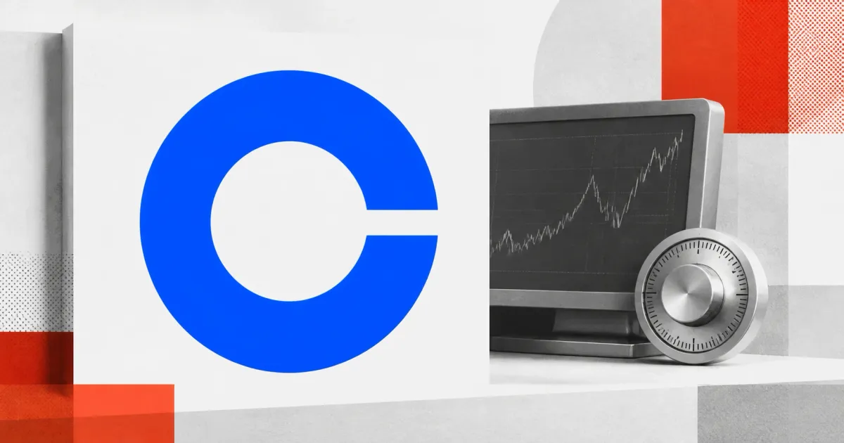 Large official blue Coinbase C logo on a white institutional placard beside a greyscale unbranded derivatives terminal and metallic risk-control dial.