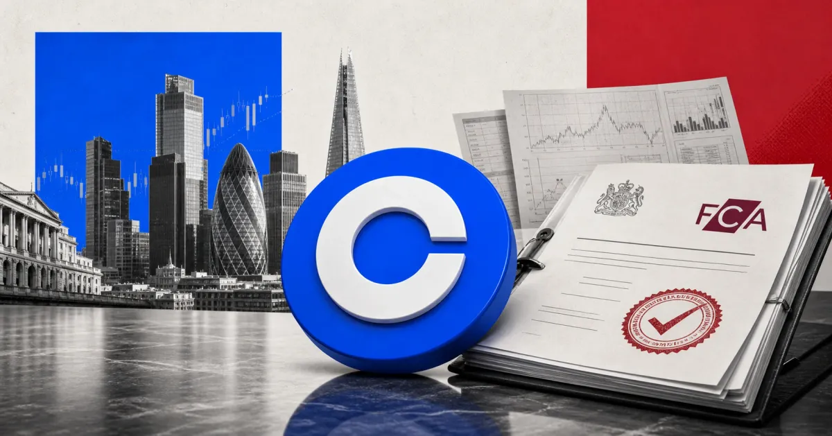 Coinbase logo beside FCA-style authorization papers and London financial district buildings, representing Coinbase's UK MiFID license for investment products.