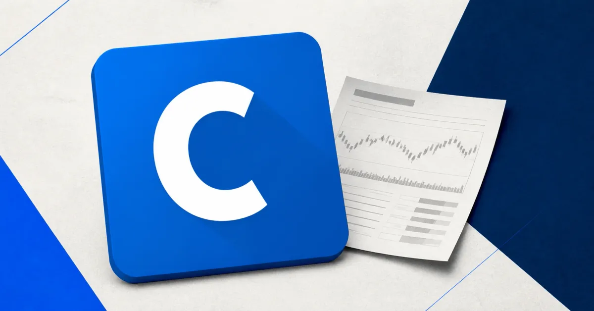 Large official white Coinbase C logo on a cobalt-blue card beside a greyscale unbranded stock-market document, on an off-white and navy editorial background.