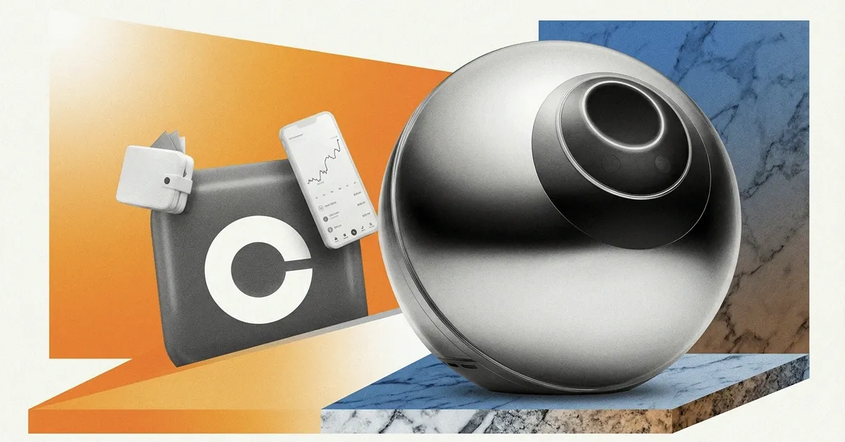 Worldcoin orb with Coinbase wallet and crypto app, representing digital identity, biometric verification, and cryptocurrency wallet integration