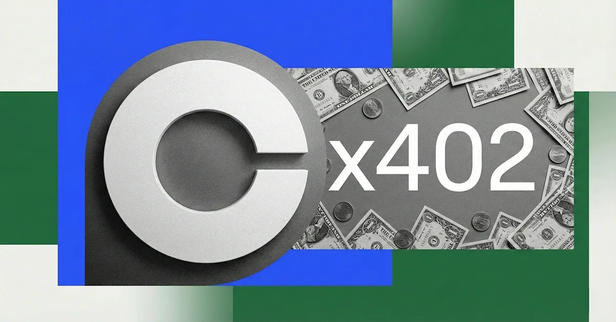 Coinbase x402 protocol cover illustration with browser window, AI agent robot, and crypto payment icons over blue gradient background