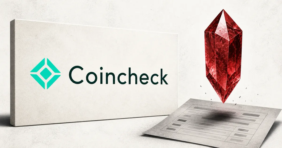 Large official Coincheck logo on a white sign beside a floating unbranded red faceted crystal above a greyscale ledger sheet.