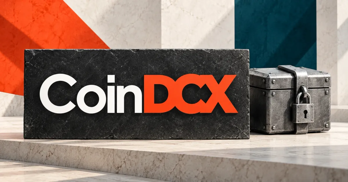 One large official CoinDCX wordmark in white and orange on a frontal charcoal stone sign beside a smaller unbranded greyscale steel evidence box with a metal locking strap and padlock, against off-white, orange and petrol blue panels.