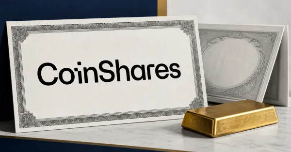 Large official black CoinShares wordmark on an off-white certificate beside a greyscale unbranded financial document and a gold bar on blue, gold and light-grey editorial panels.
