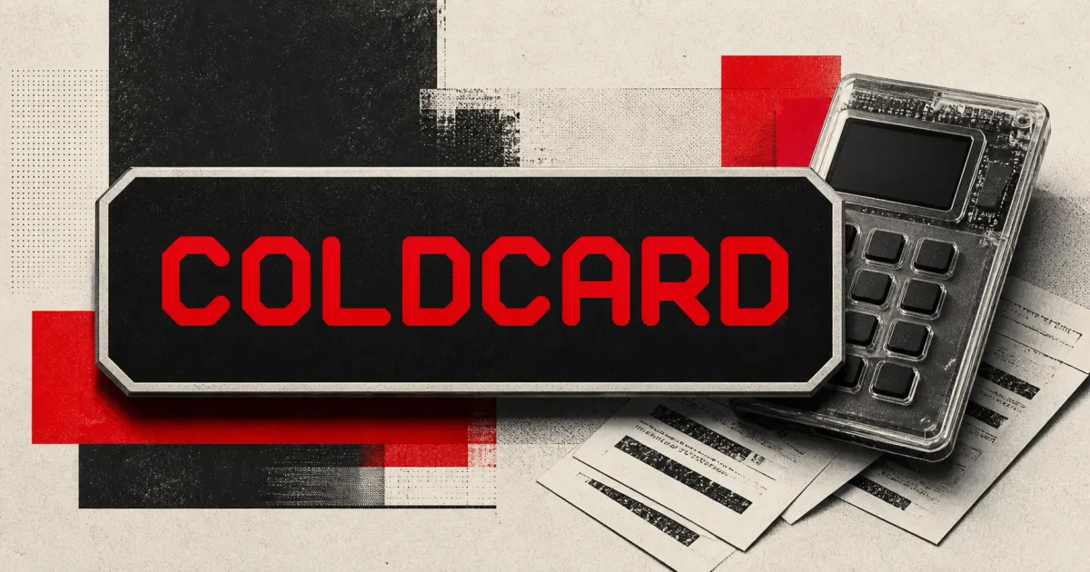 Large official red COLDCARD wordmark on a dark plaque beside a greyscale hardware wallet and unbranded transaction evidence slips on red, charcoal and off-white editorial panels.