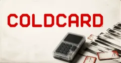 Large official red COLDCARD wordmark above a greyscale hardware wallet, blank transaction-evidence strips and unbranded warning markers on an off-white and charcoal editorial background.
