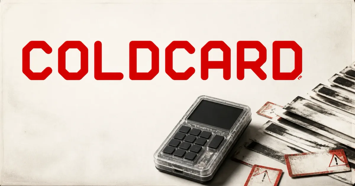 Large official red COLDCARD wordmark above a greyscale hardware wallet, blank transaction-evidence strips and unbranded warning markers on an off-white and charcoal editorial background.