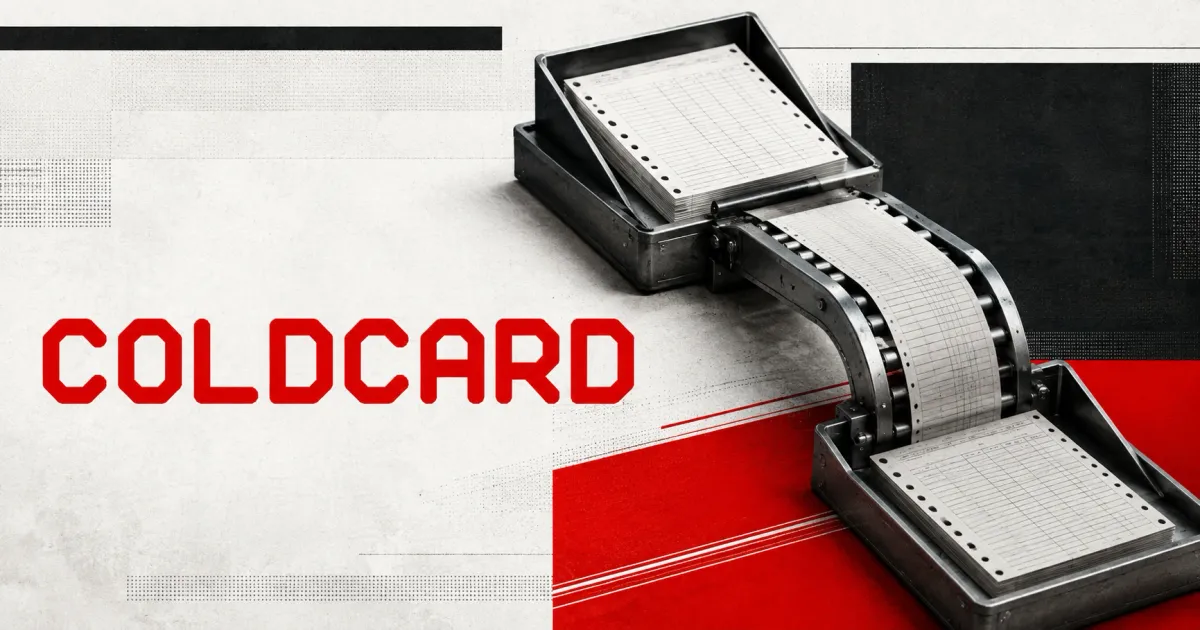 Large official red COLDCARD wordmark beside a greyscale unbranded transaction ledger moving through a mechanical cross-chain routing machine on red, charcoal and off-white editorial panels.