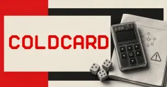 Large official red Coldcard wordmark beside a greyscale hardware wallet, security warning document, and dice on a red, black, and off-white editorial background.