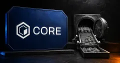 Large official white CORE wordmark and hexagonal cube emblem on a dark blue plaque beside an unbranded greyscale reconciliation conveyor feeding tokens into an open vault.