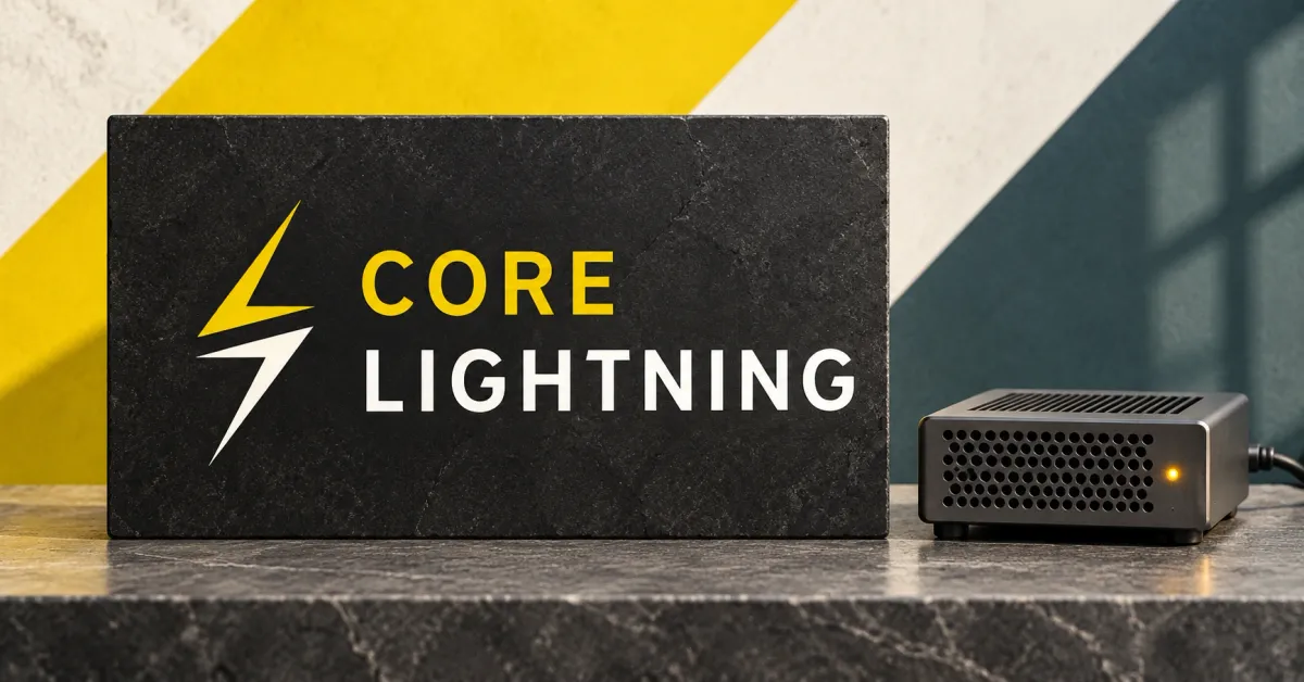 Large official yellow and white Core Lightning emblem and stacked wordmark on a charcoal stone sign beside an unbranded greyscale network node appliance with an amber light, against off-white, yellow and slate-teal panels.