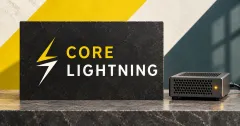 Large official yellow and white Core Lightning emblem and stacked wordmark on a charcoal stone sign beside an unbranded greyscale network node appliance with an amber light, against off-white, yellow and slate-teal panels.
