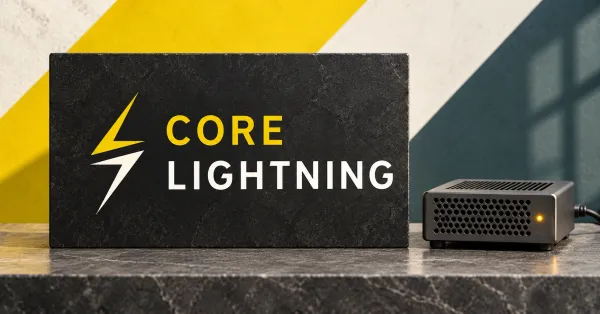 Large official yellow and white Core Lightning emblem and stacked wordmark on a charcoal stone sign beside an unbranded greyscale network node appliance with an amber light, against off-white, yellow and slate-teal panels.