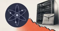 Large official Cosmos Hub ATOM logo on a navy circular plaque beside a greyscale unbranded validator server rack and sealed evidence envelope over off-white, navy and orange editorial panels.