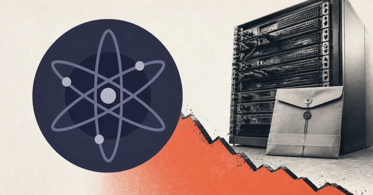 Large official Cosmos Hub ATOM logo on a navy circular plaque beside a greyscale unbranded validator server rack and sealed evidence envelope over off-white, navy and orange editorial panels.