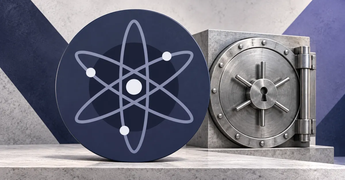 Large official Cosmos Hub ATOM orbital emblem on a navy circular plaque beside an unbranded greyscale steel recovery vault against off-white, navy and violet panels.