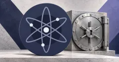 Large official Cosmos Hub ATOM orbital emblem on a navy circular plaque beside an unbranded greyscale steel recovery vault against off-white, navy and violet panels.