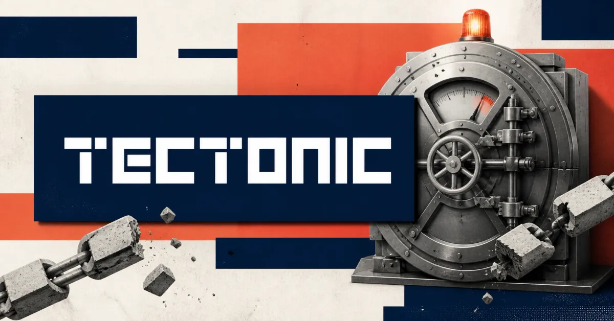 Large official white TECTONIC wordmark on a navy plaque beside a greyscale unbranded locked lending-vault door, warning beacon and broken chain on off-white, navy and coral editorial panels.