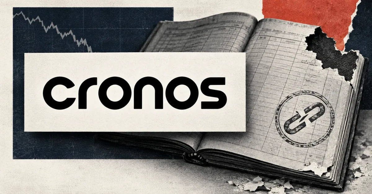 Large official black Cronos wordmark on an off-white plaque beside a greyscale torn ledger and an unbranded chain-link stamp, representing the Tectonic rollback and unrecovered funds.