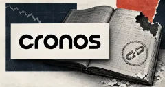 Large official black Cronos wordmark on an off-white plaque beside a greyscale torn ledger and an unbranded chain-link stamp, representing the Tectonic rollback and unrecovered funds.