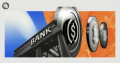 Bank building with dollar-symbol coins moving outward on a blue and orange backdrop, illustrating banks issuing or distributing stablecoins and digital dollars