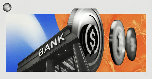 Bank building with dollar-symbol coins moving outward on a blue and orange backdrop, illustrating banks issuing or distributing stablecoins and digital dollars