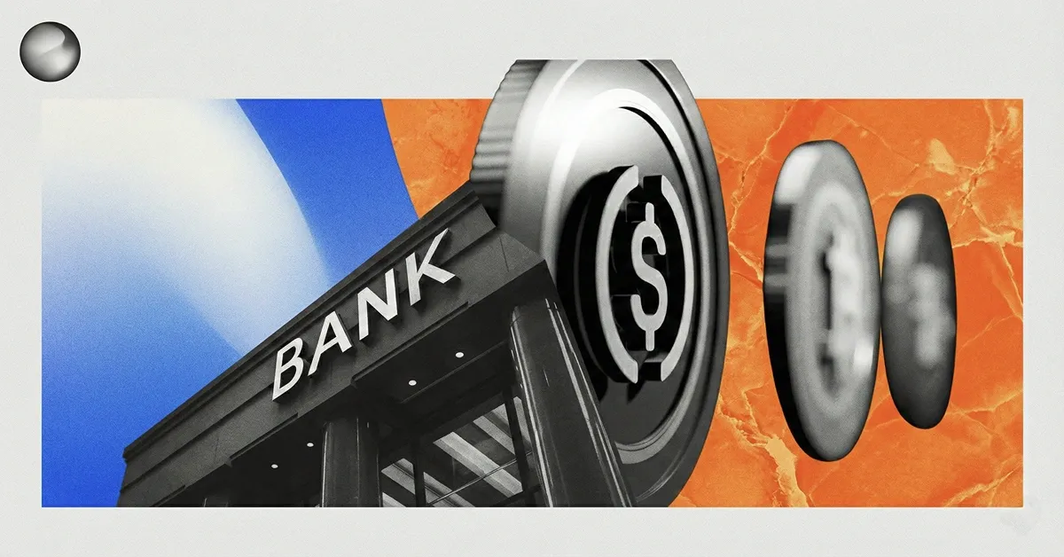 Bank building with dollar-symbol coins moving outward on a blue and orange backdrop, illustrating banks issuing or distributing stablecoins and digital dollars