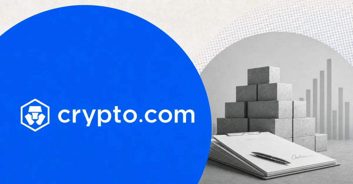 Official Crypto.com logo beside greyscale institutional capital blocks, market bars and an investment term sheet.