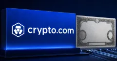 Large official white Crypto.com hexagon lion mark and wordmark on a cobalt-blue plaque beside a greyscale unbranded engraved stock certificate and settlement rails.